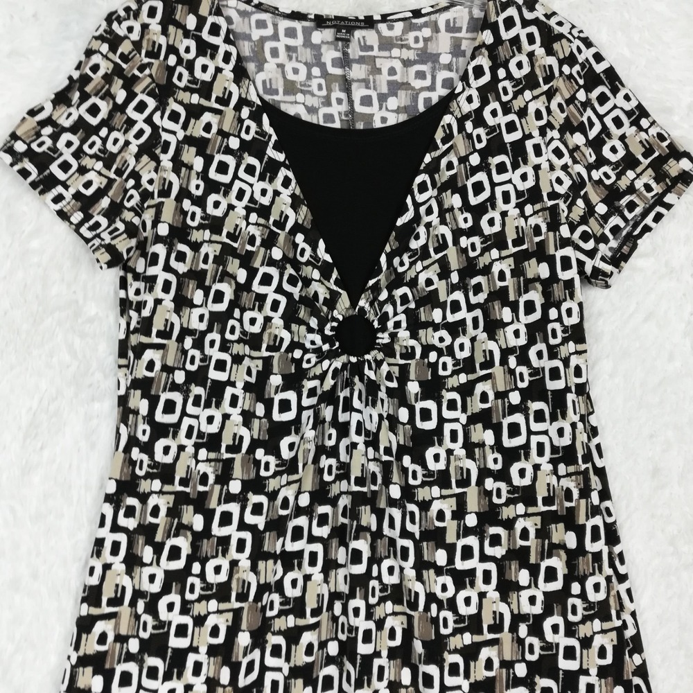 Notations Womens Dress Midi Geometric Print Black White Short Sleeve Keyhole M - Picture 10 of 11